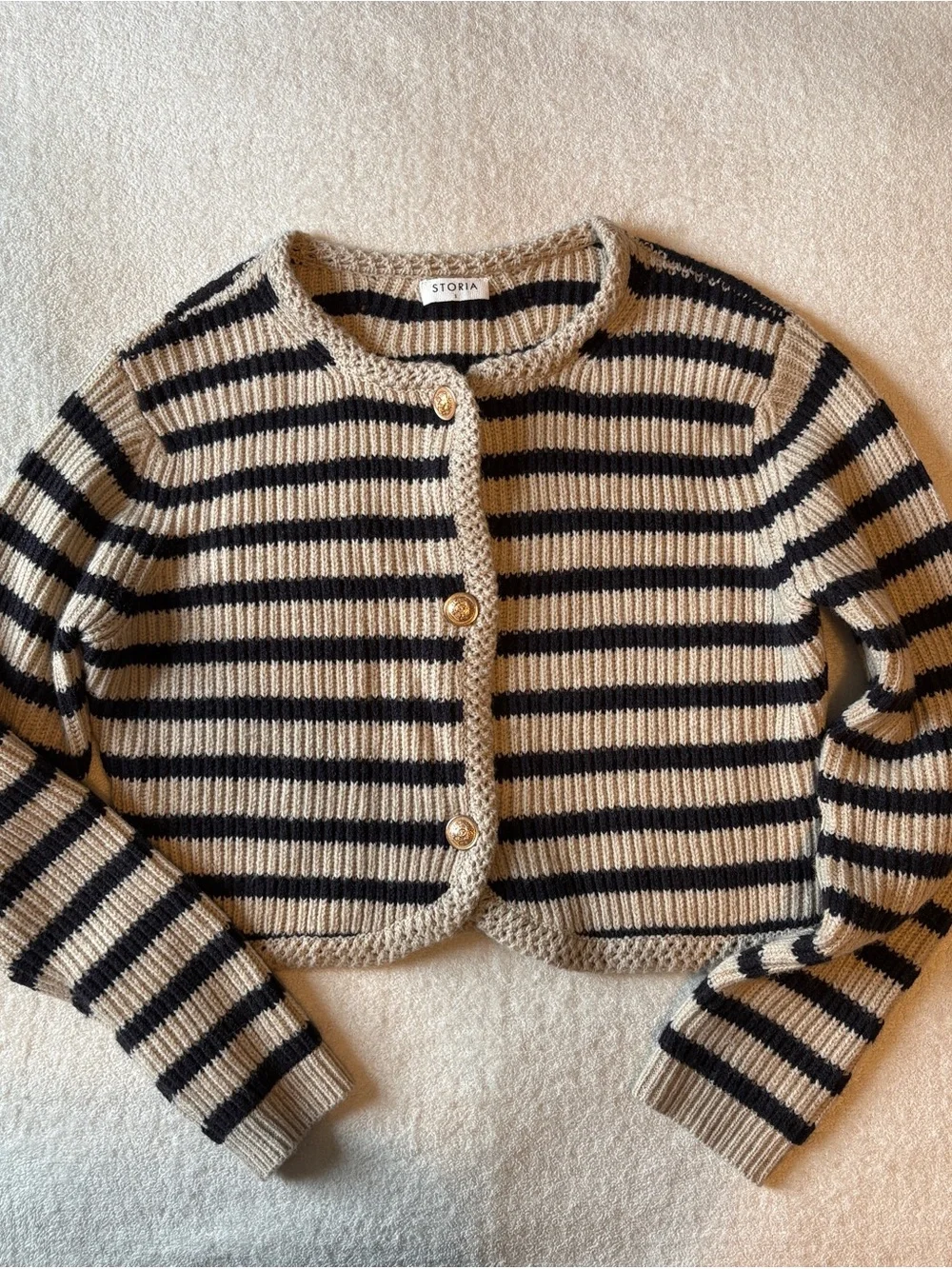 Storia Black & Tan Striped Cropped Cardigan, Gold Buttons, Women’s Sz Small